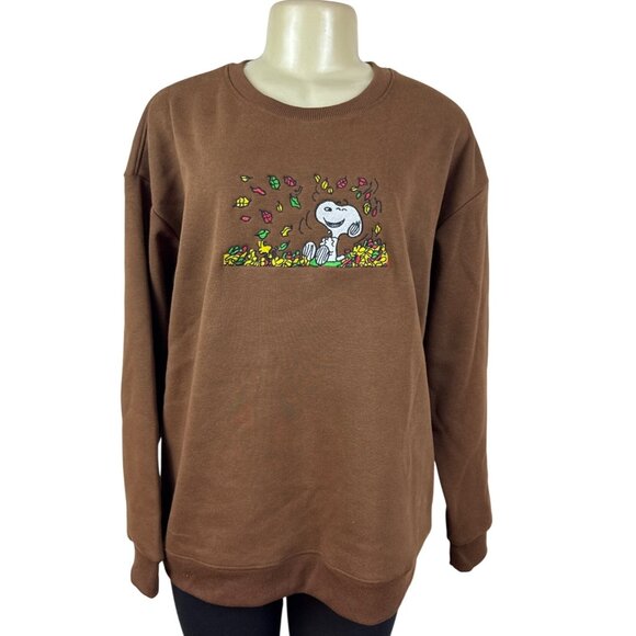Snoopy Embroidered Brown Pullover Sweater Crewneck Soft Long Sleeve Womens - Picture 1 of 9